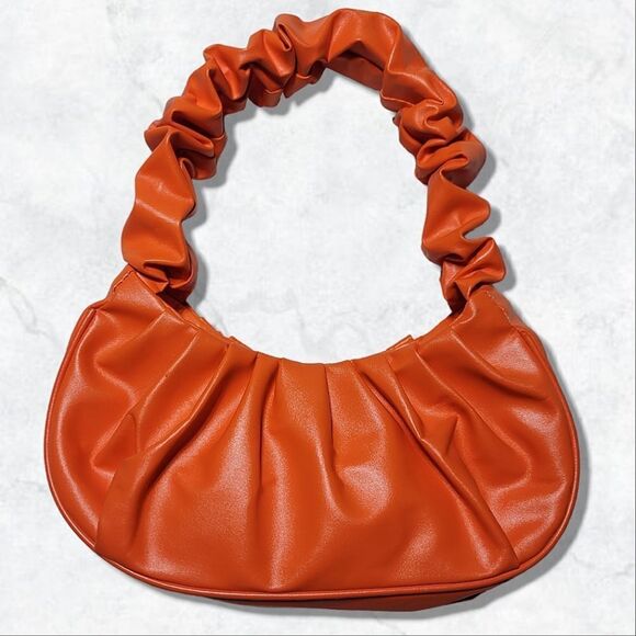 Orange Cloud Pleated Scrunch Vegan Leather Mini Banana Handbag - Picture 1 of 6